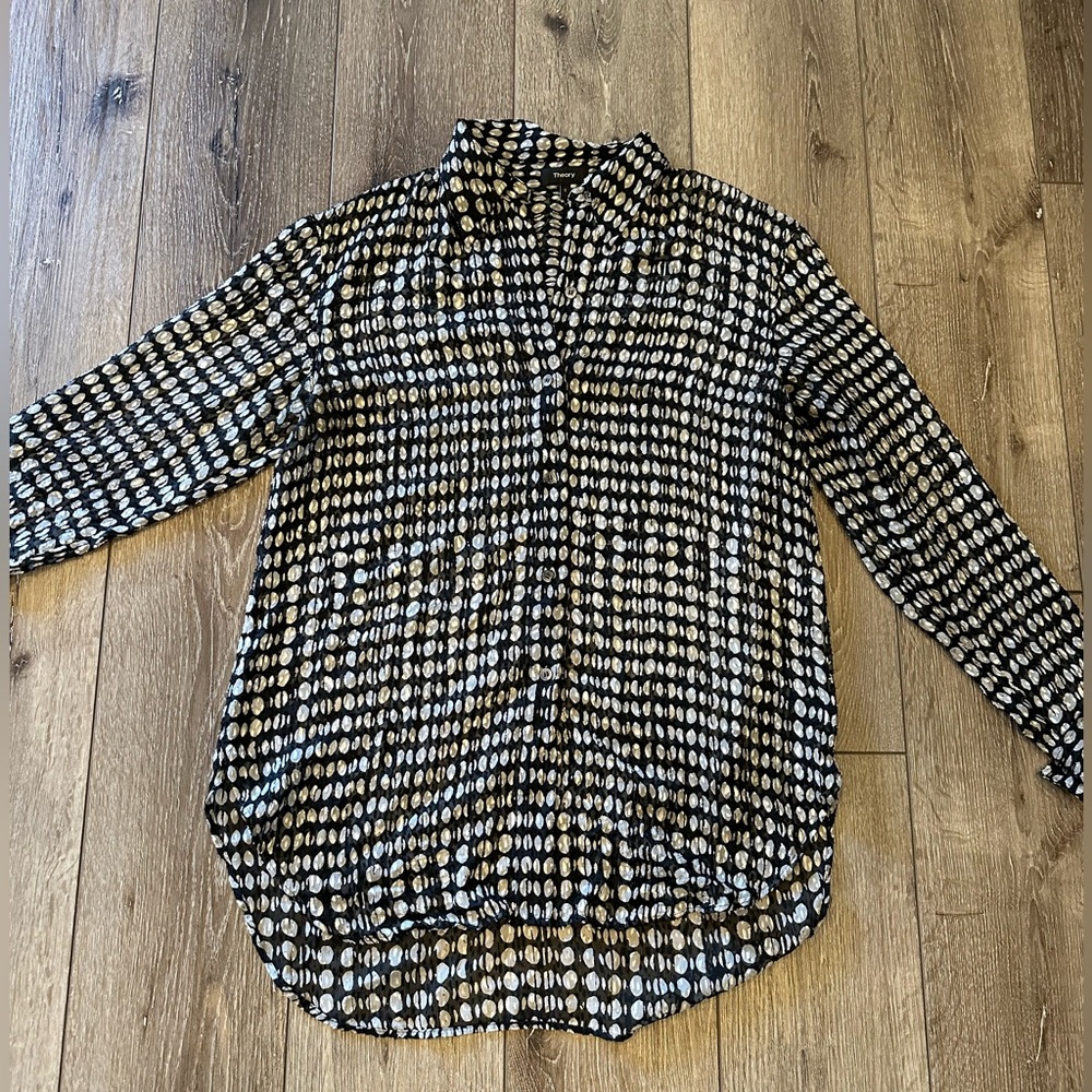 Women’s Theory Black White Polka Dot Button-Up Collared Blouse - S